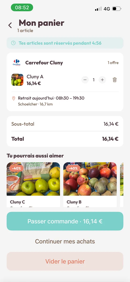 Capture d'écran de l'app Kopa : panier avec les articles réservés, le total et le bouton Passer commande